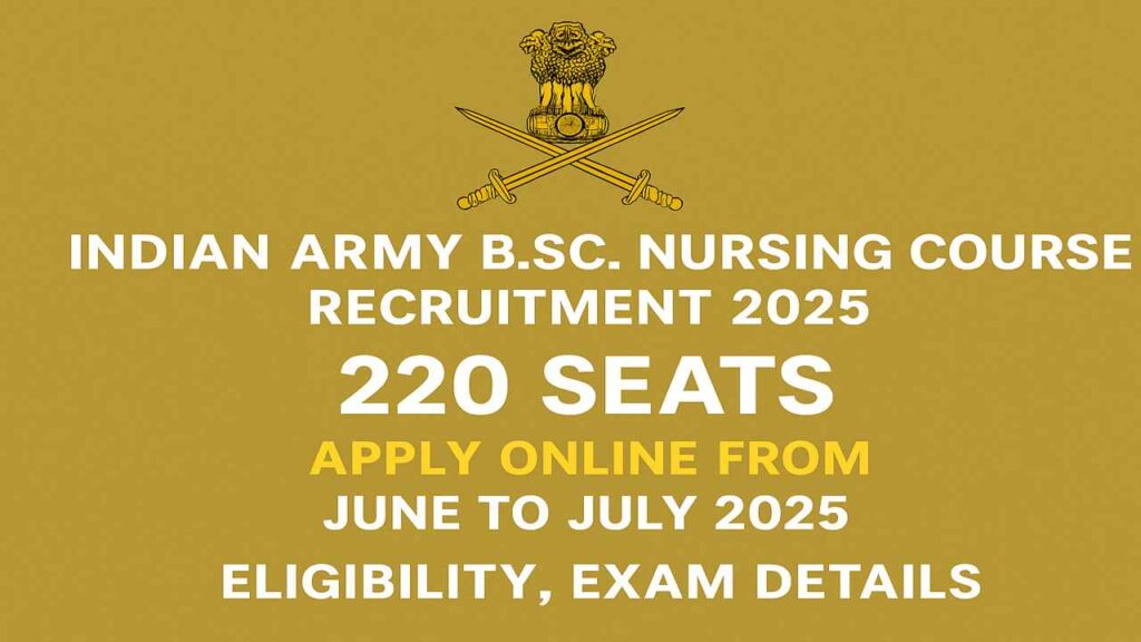“Indian Army B.Sc. Nursing Course Recruitment 2025 banner showing 220 seats, NEET eligibility, and application details for female candidates.”