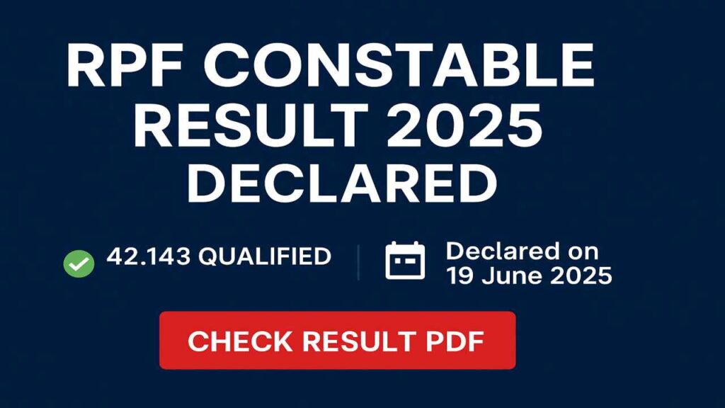 “RPF Constable Result 2025 announced banner with result PDF and portal access details for qualified candidates.”