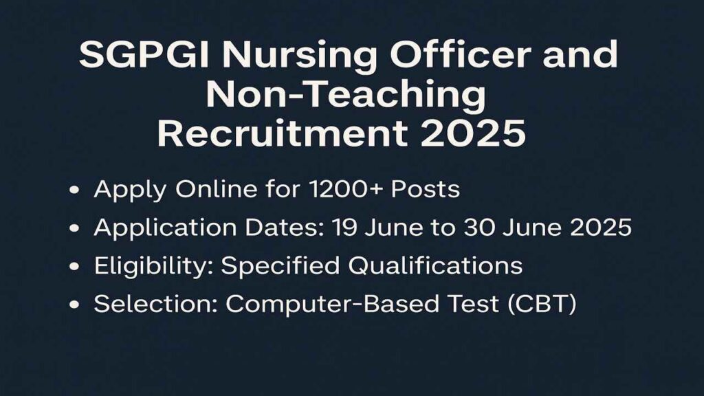 “SGPGI Nursing Officer and Non-Teaching Recruitment 2025 banner highlighting 1200+ vacancies, online application dates, and exam details.”