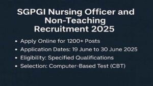 “SGPGI Nursing Officer and Non-Teaching Recruitment 2025 banner highlighting 1200+ vacancies, online application dates, and exam details.”